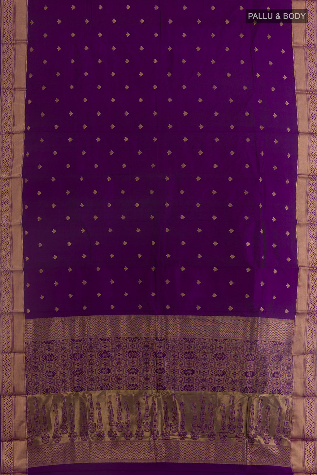 Flat view of Violet Kanjivaram Silk Saree with Zari Butta on the body and Zari Border. 