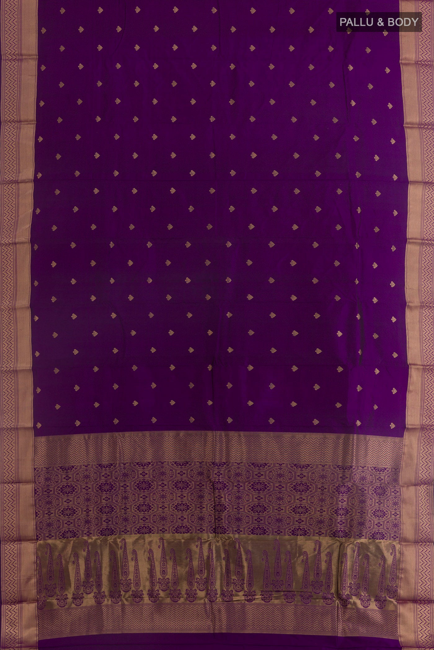 Flat view of Violet Kanjivaram Silk Saree with Zari Butta on the body and Zari Border. 
