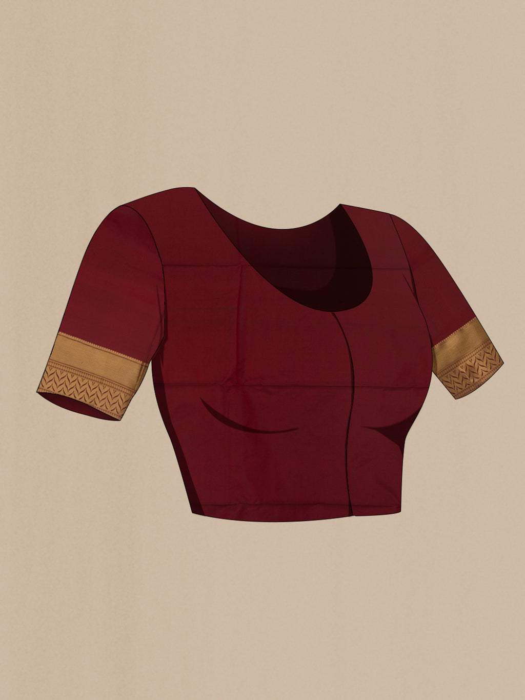 Close up image of the blouse of Maroon Bangalore Silk Saree with Zari Butta on the body and Zari Border. 