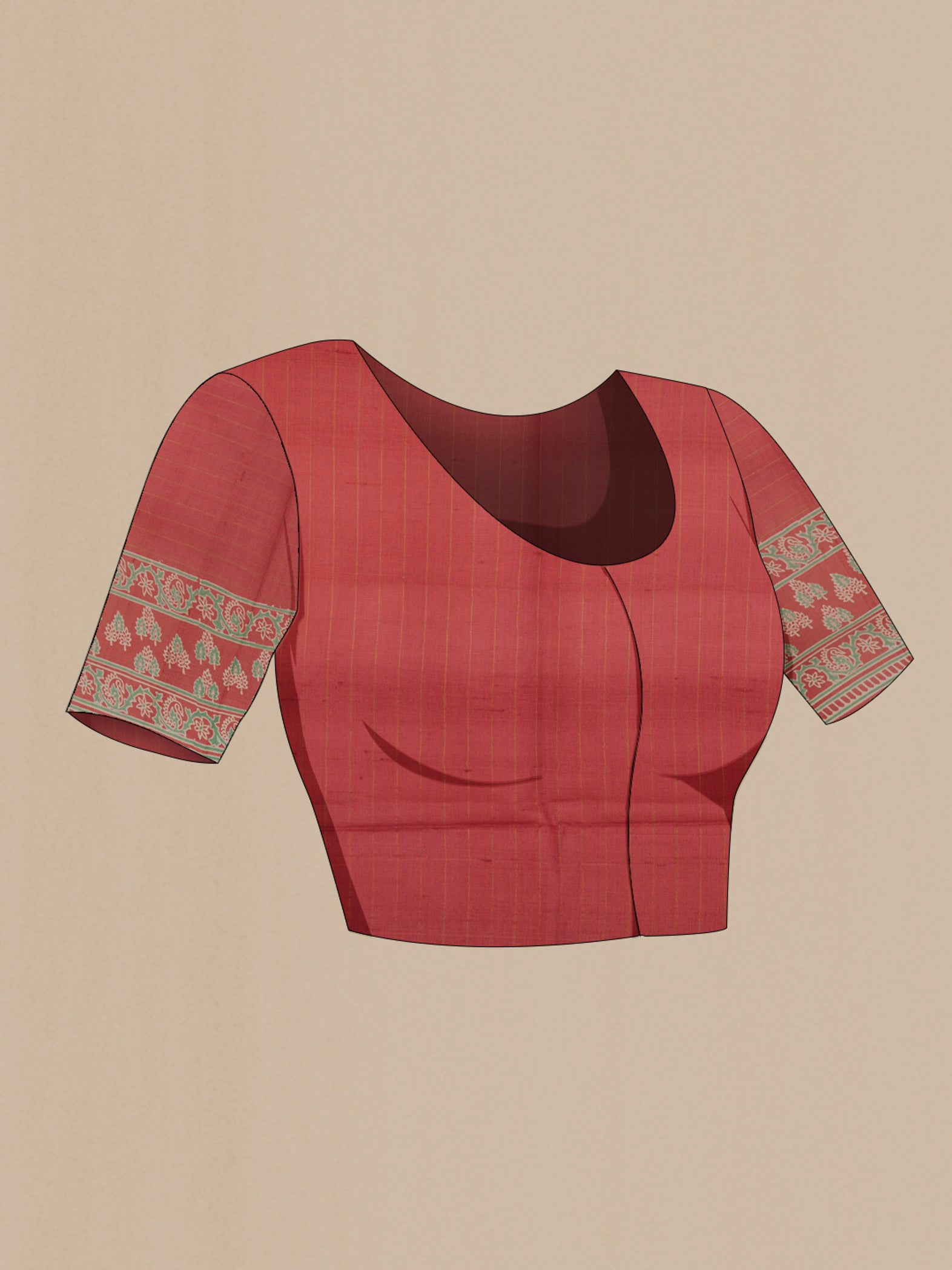Close up image of the blouse of Rust Tussar Silk Saree with Printed design on the body and Printed Border. 