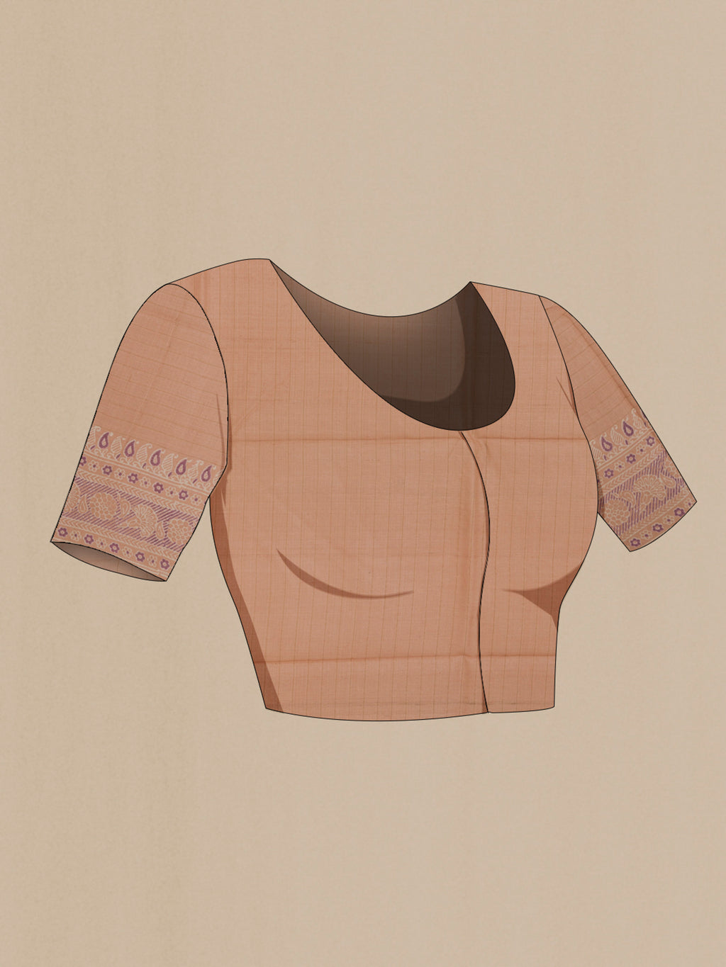 Close up image of the blouse of Beige Tussar Silk Saree with Printed design on the body and Printed Border. 