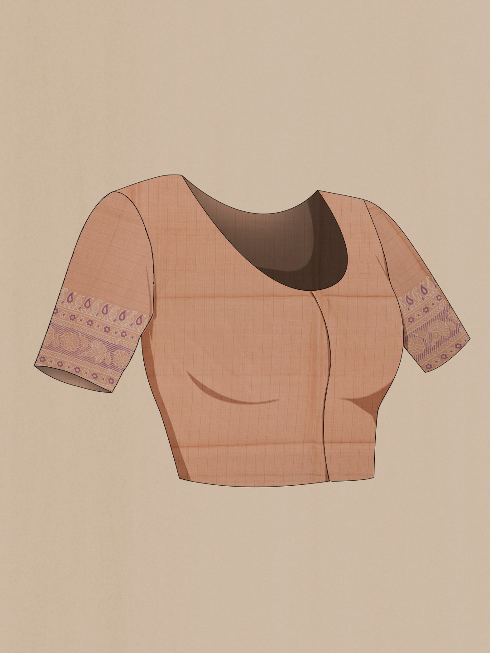 Close up image of the blouse of Beige Tussar Silk Saree with Printed design on the body and Printed Border. 