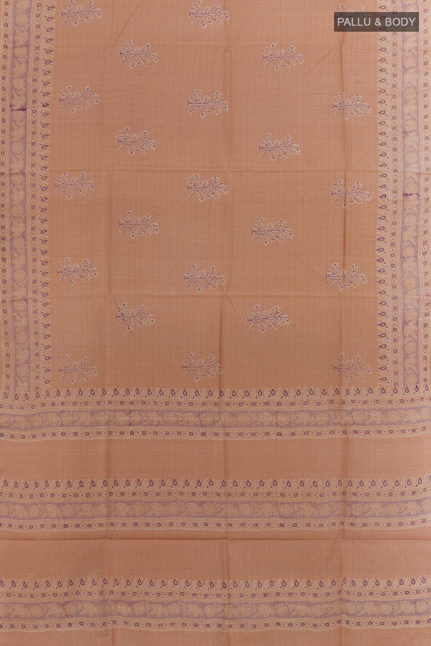 Flat view of Beige Tussar Silk Saree with Printed design on the body and Printed Border. 
