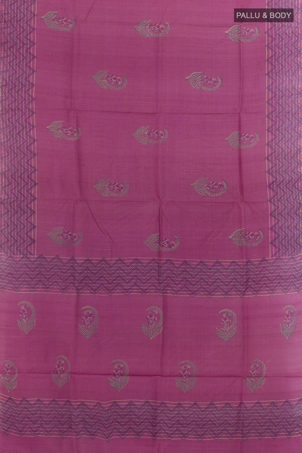 Flat view of Pink Tussar Silk Saree with Printed design on the body and Printed Border. 
