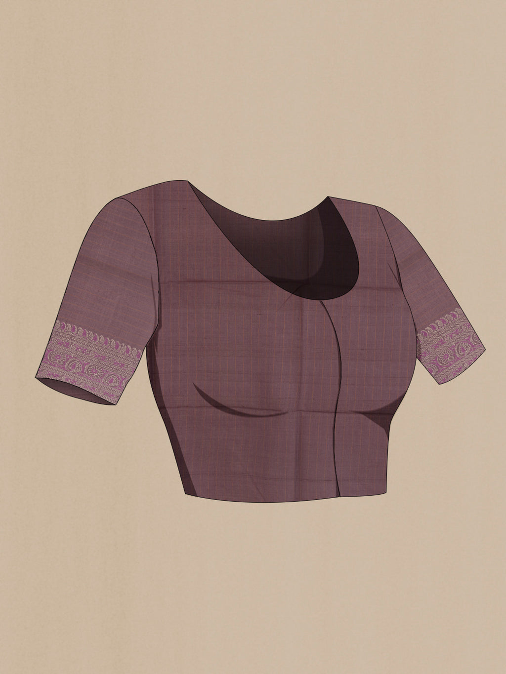 Close up image of the blouse of Purple Tussar Silk Saree with Checked design on the body and Plain Border. 