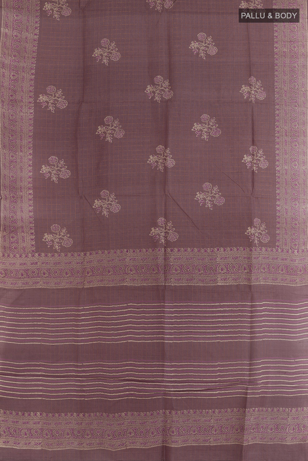 Flat view of Purple Tussar Silk Saree with Checked design on the body and Plain Border. 