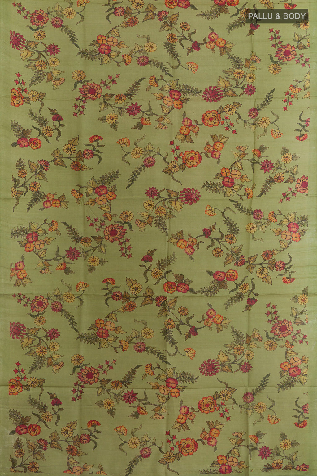 Flat view of Green Tussar Silk Saree with Printed design on the body and Without Border. 