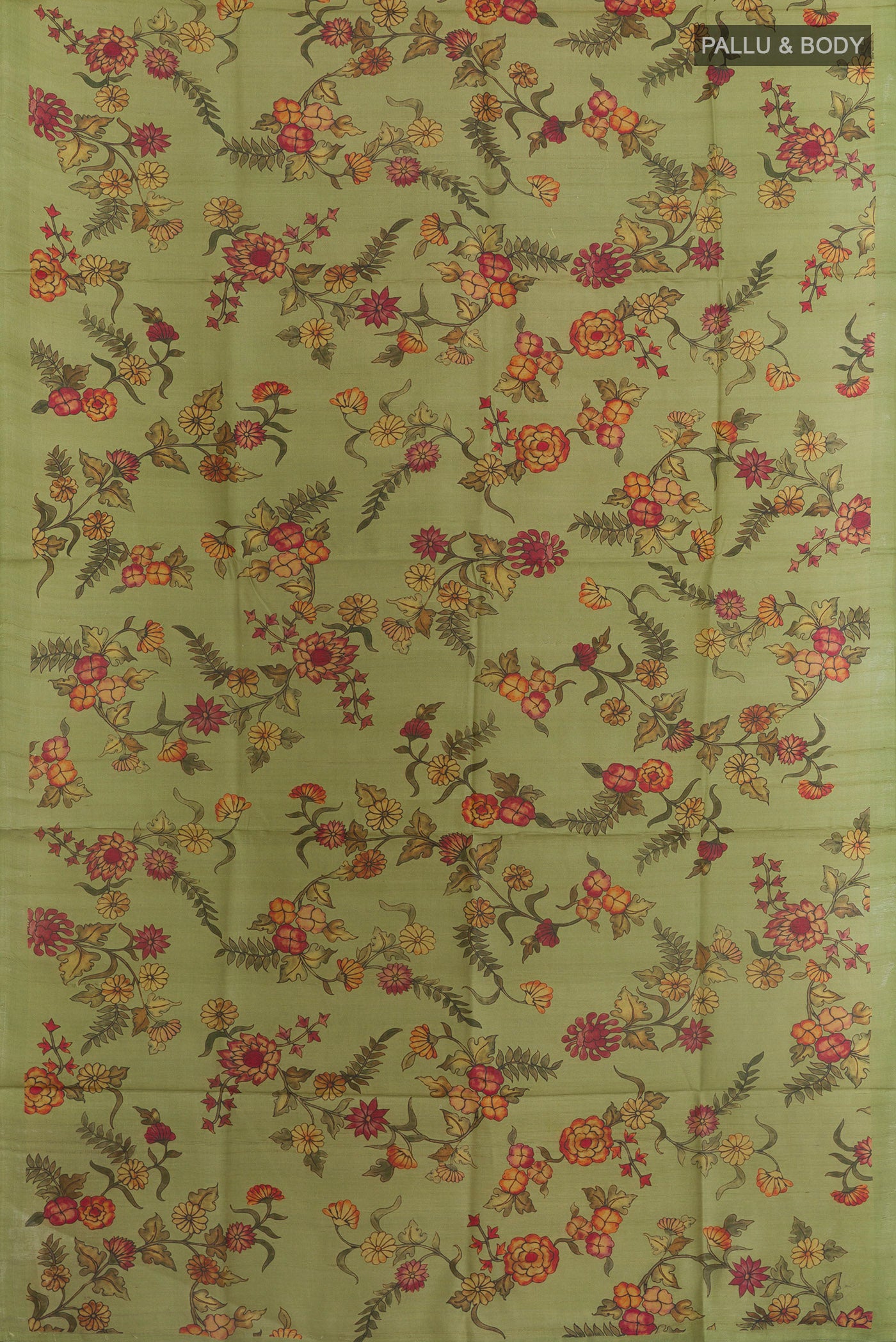 Flat view of Green Tussar Silk Saree with Printed design on the body and Without Border. 