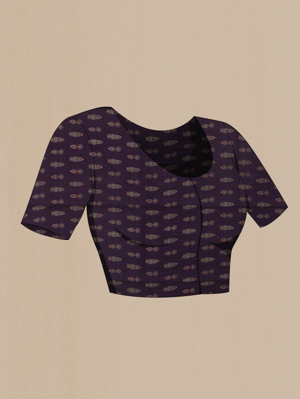 Close up image of the blouse of Purple Tussar Silk Saree with Floral Print on the body and Without Border. 