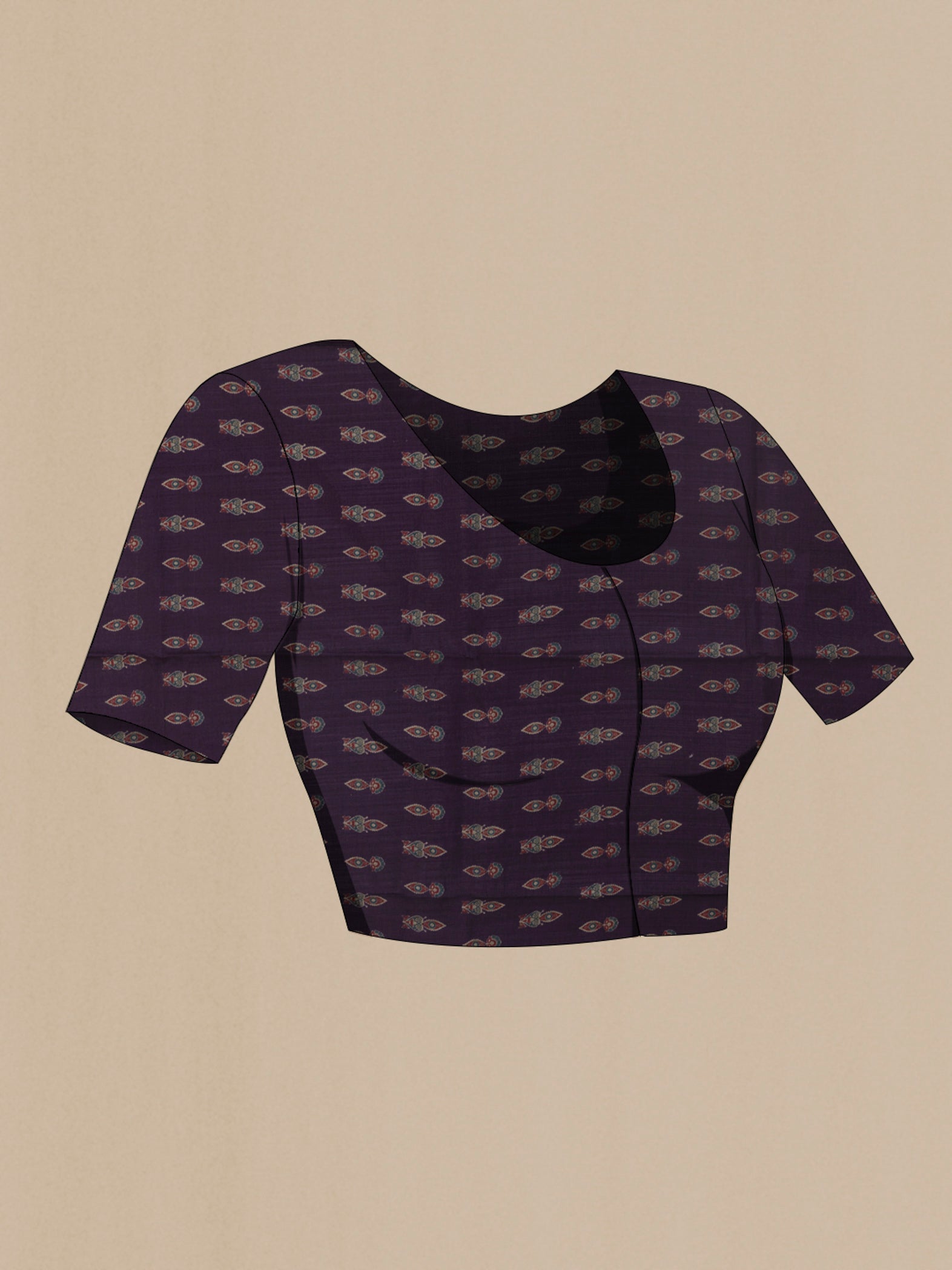 Close up image of the blouse of Purple Tussar Silk Saree with Floral Print on the body and Without Border. 
