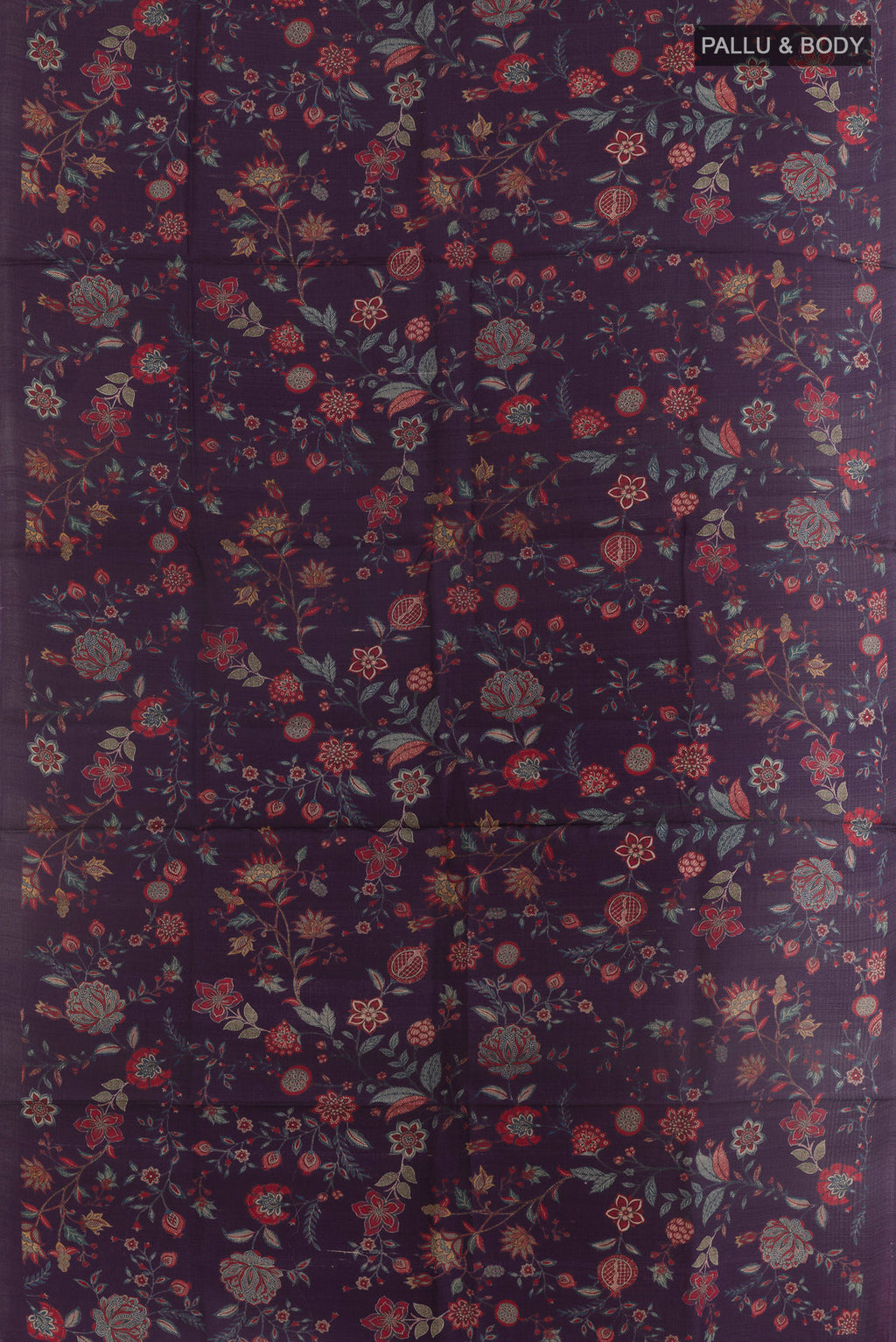 Flat view of Purple Tussar Silk Saree with Floral Print on the body and Without Border. 