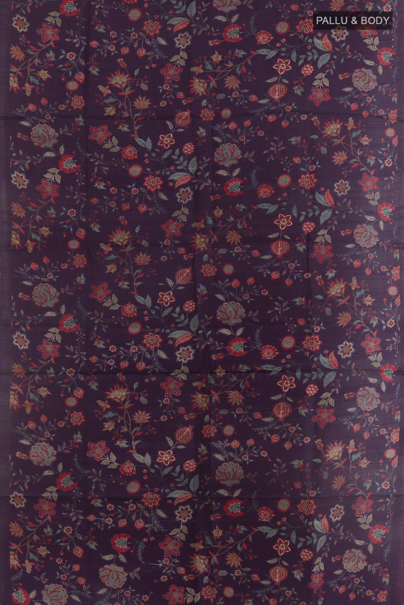Flat view of Purple Tussar Silk Saree with Floral Print on the body and Without Border. 