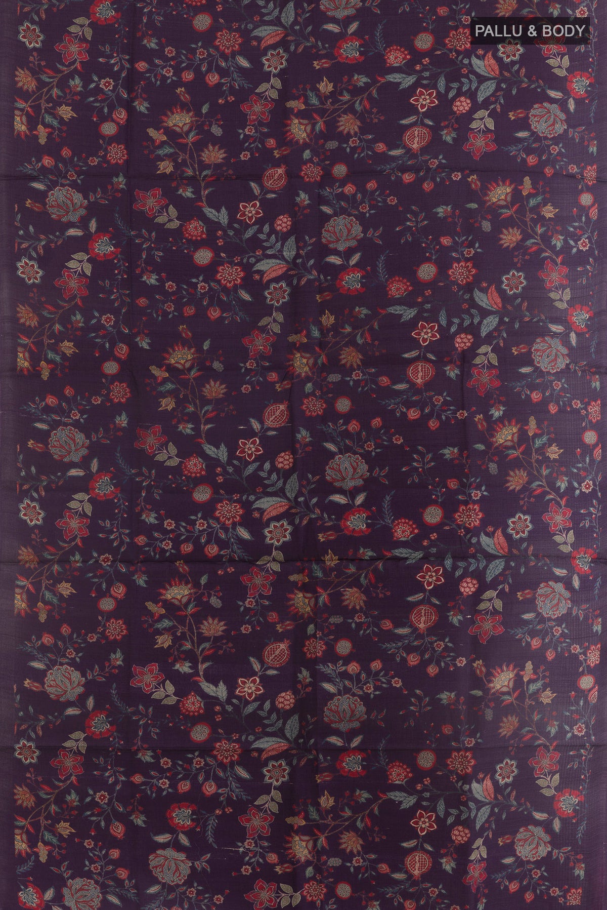Flat view of Purple Tussar Silk Saree with Floral Print on the body and Without Border. 