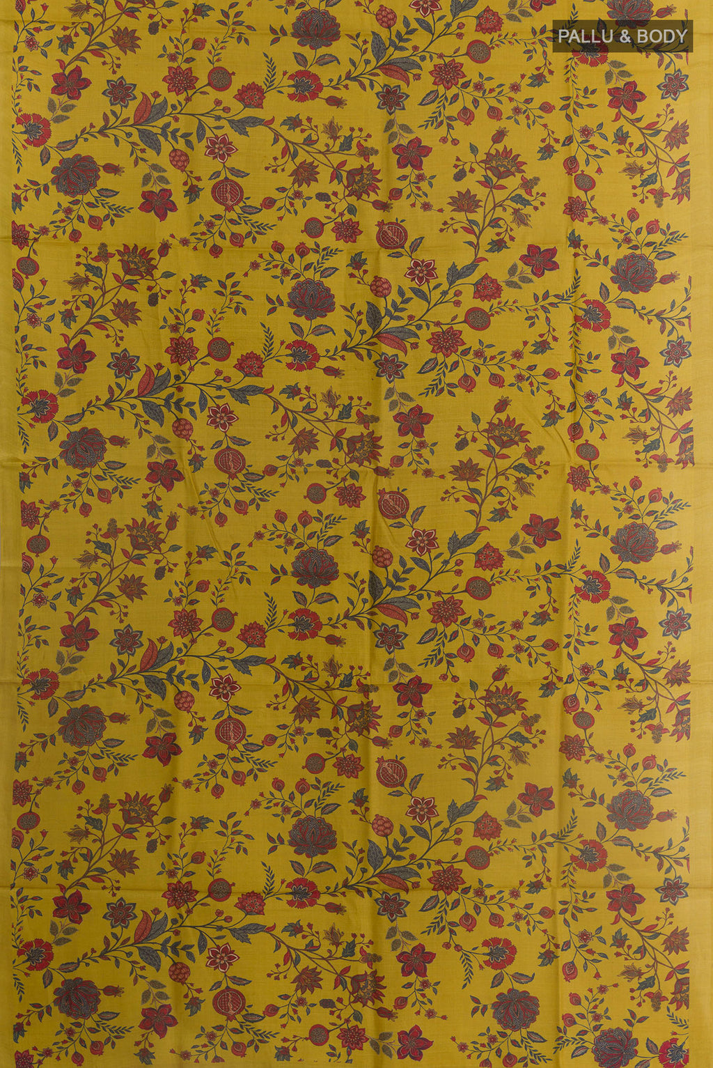 Flat view of Yellow Tussar Silk Saree with Floral Print on the body and Without Border. 
