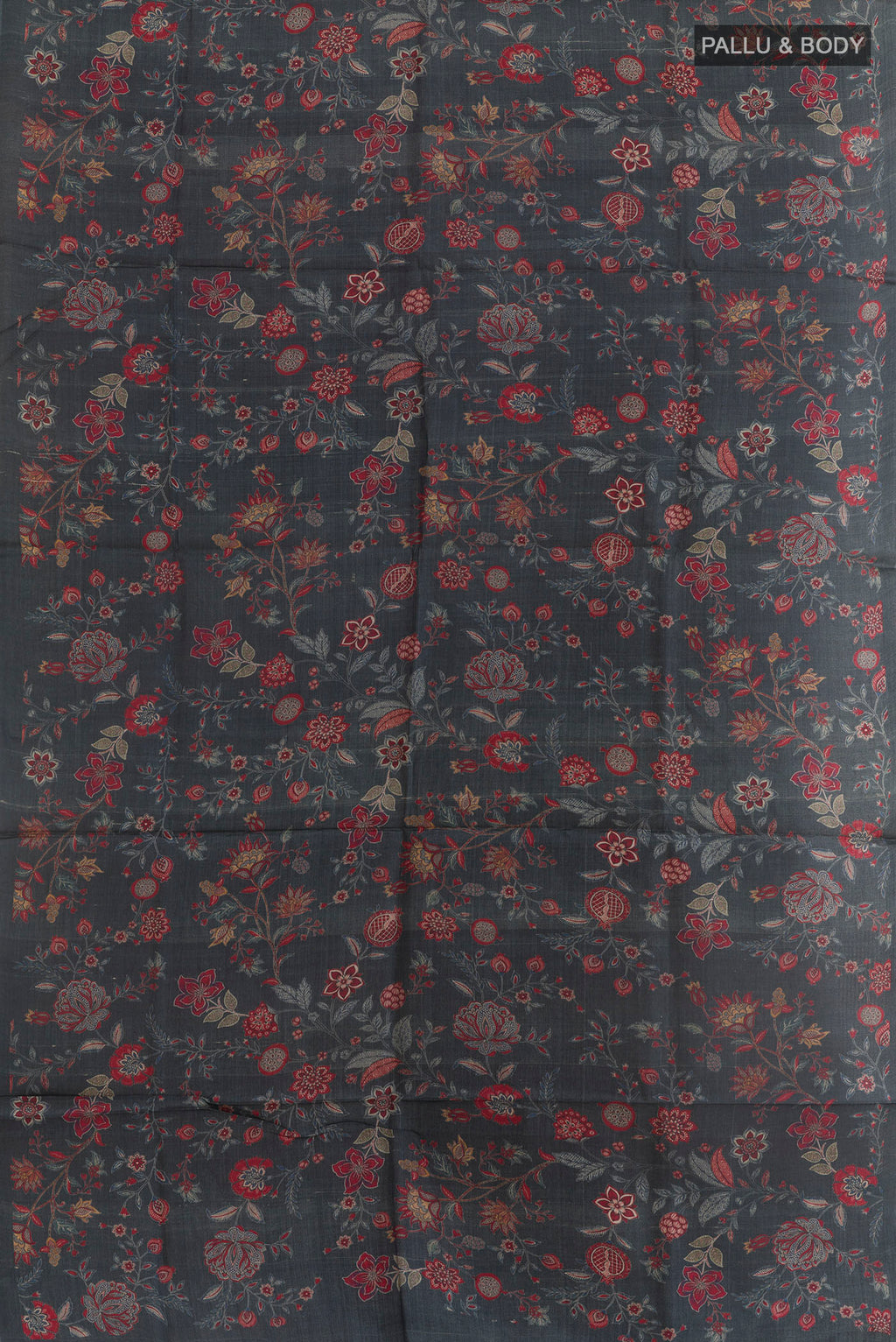 Flat view of Black Tussar Saree with Floral Print on the body and Without Border. 