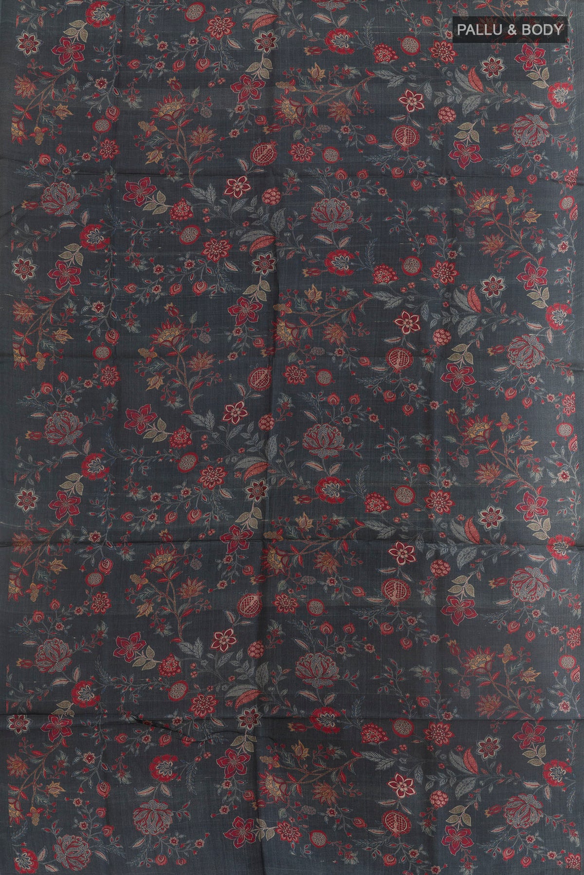 Flat view of Black Tussar Saree with Floral Print on the body and Without Border. 