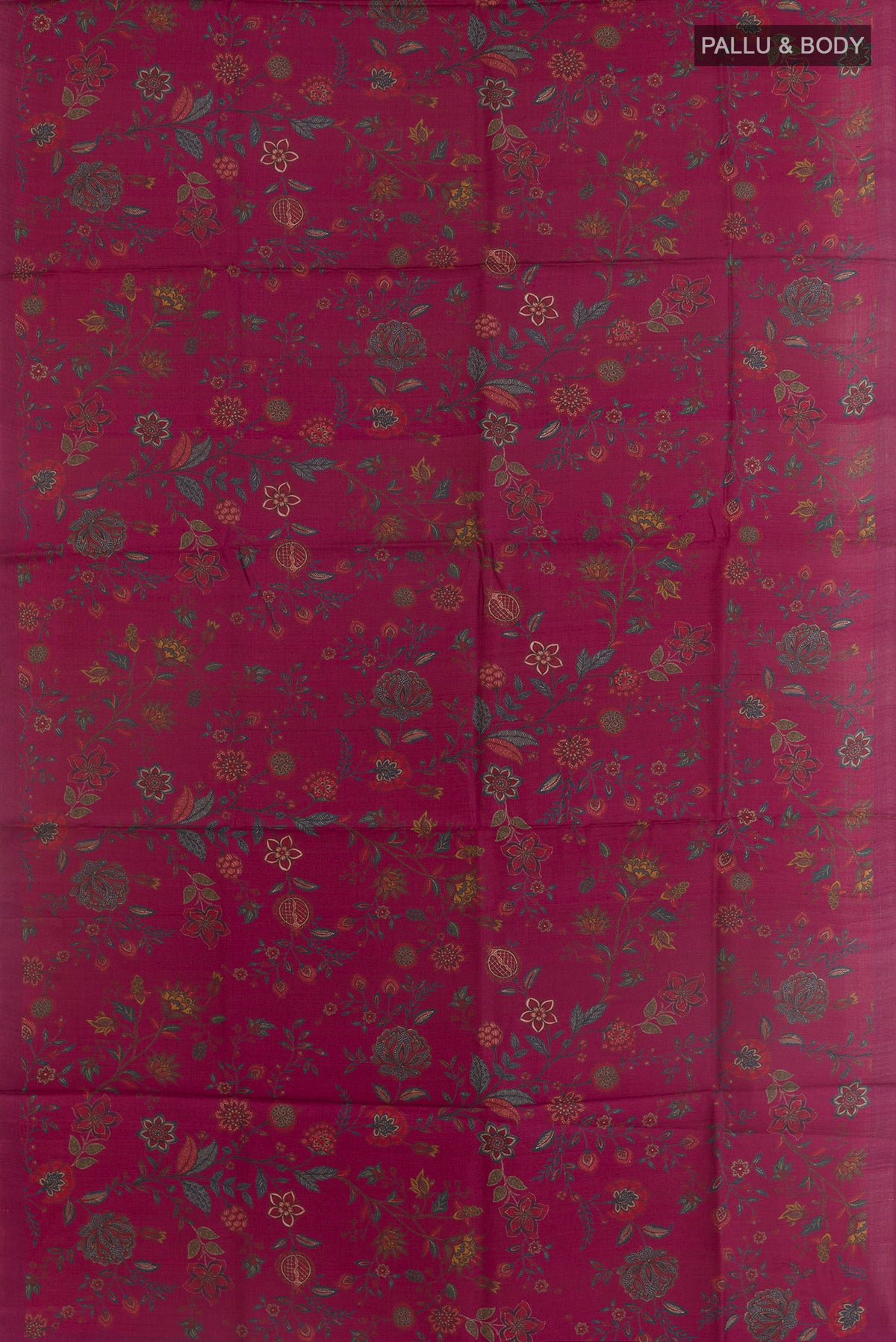Flat view of Maroon Tussar Silk Saree with Floral Print on the body and Without Border. 