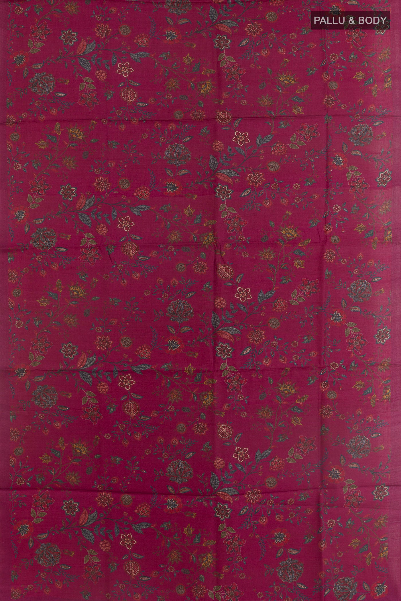 Flat view of Maroon Tussar Silk Saree with Floral Print on the body and Without Border. 