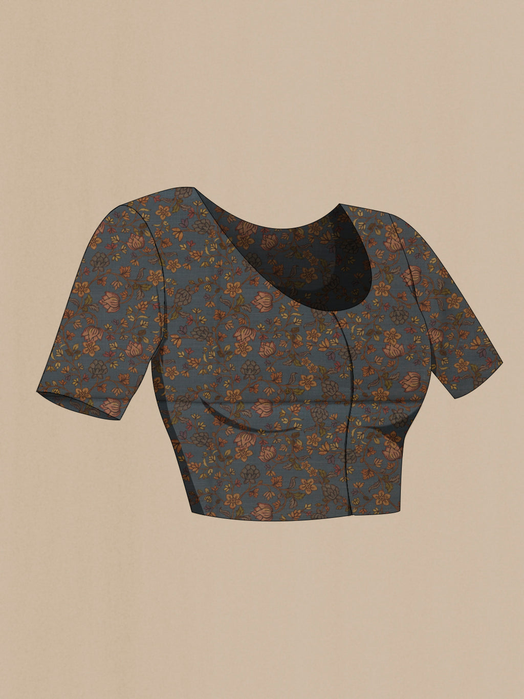 Close up image of the blouse of Blue Grey Tussar Silk Saree with Floral Print on the body and Without Border. 