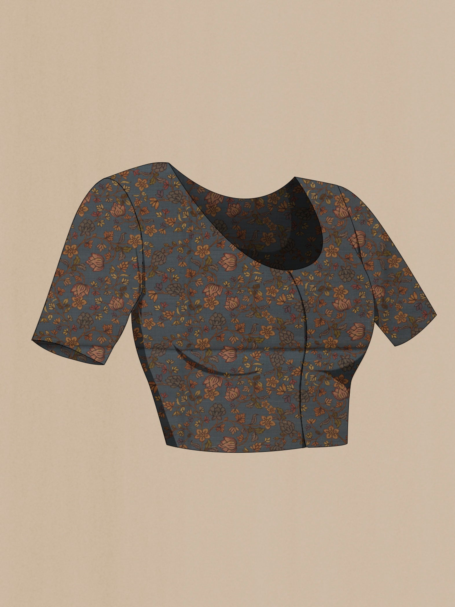 Close up image of the blouse of Blue Grey Tussar Silk Saree with Floral Print on the body and Without Border. 