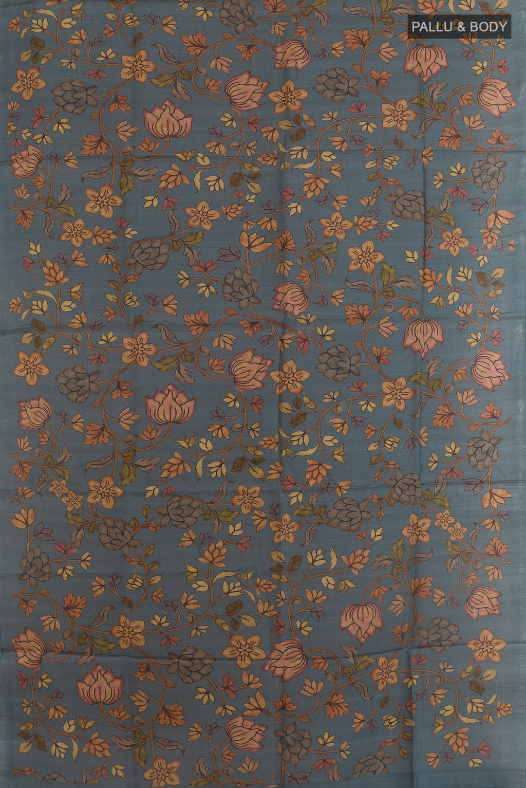 Flat view of Blue Grey Tussar Silk Saree with Floral Print on the body and Without Border. 