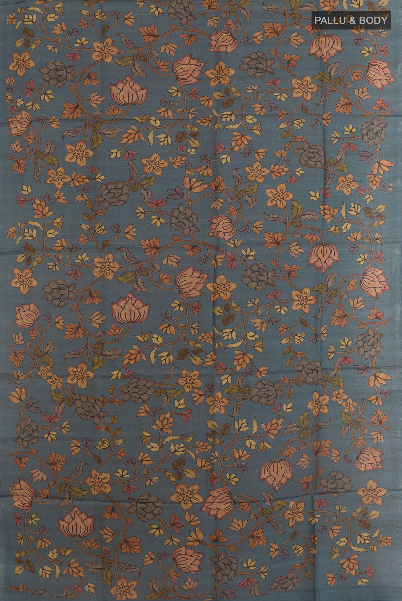 Flat view of Blue Grey Tussar Silk Saree with Floral Print on the body and Without Border. 