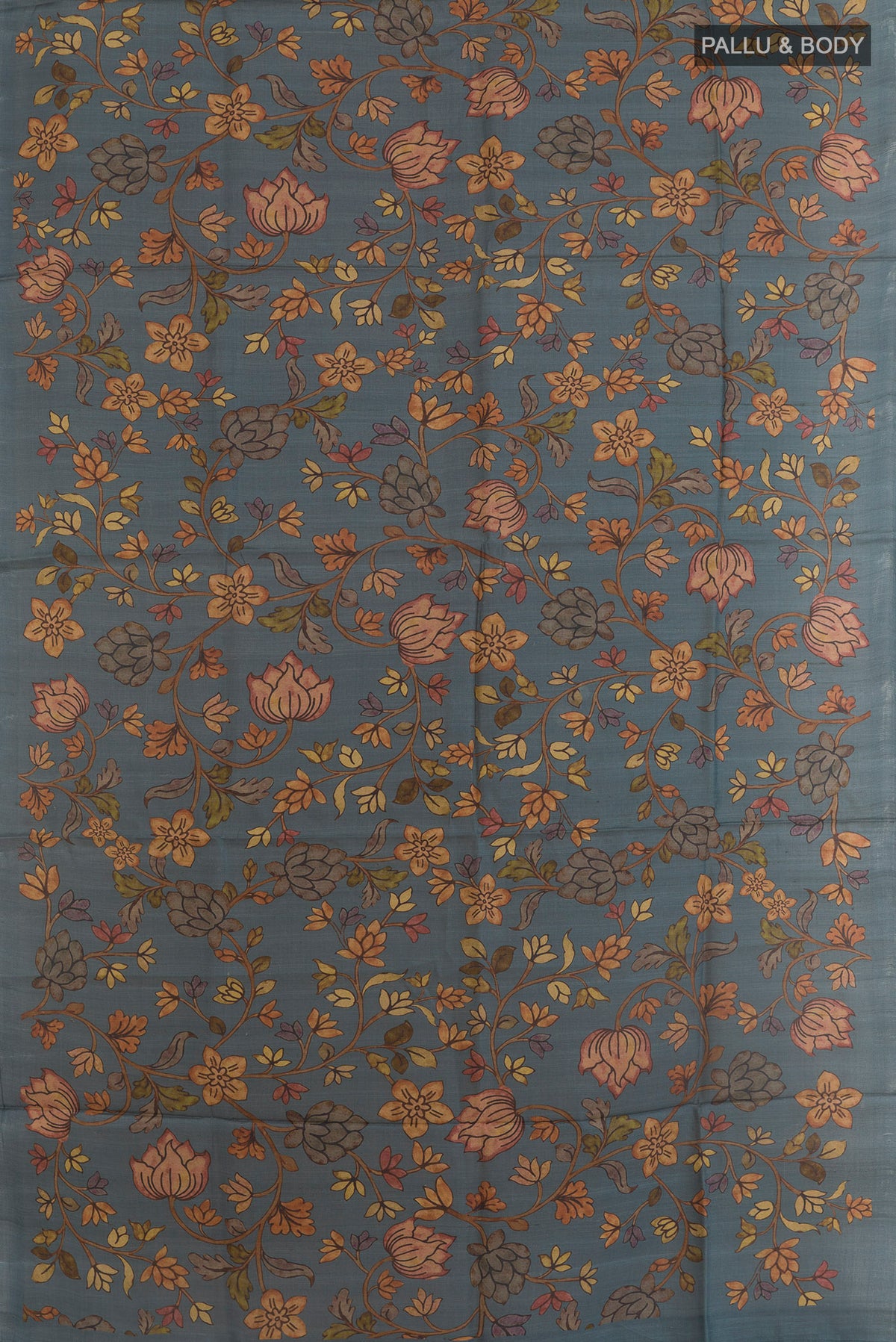 Flat view of Blue Grey Tussar Silk Saree with Floral Print on the body and Without Border. 