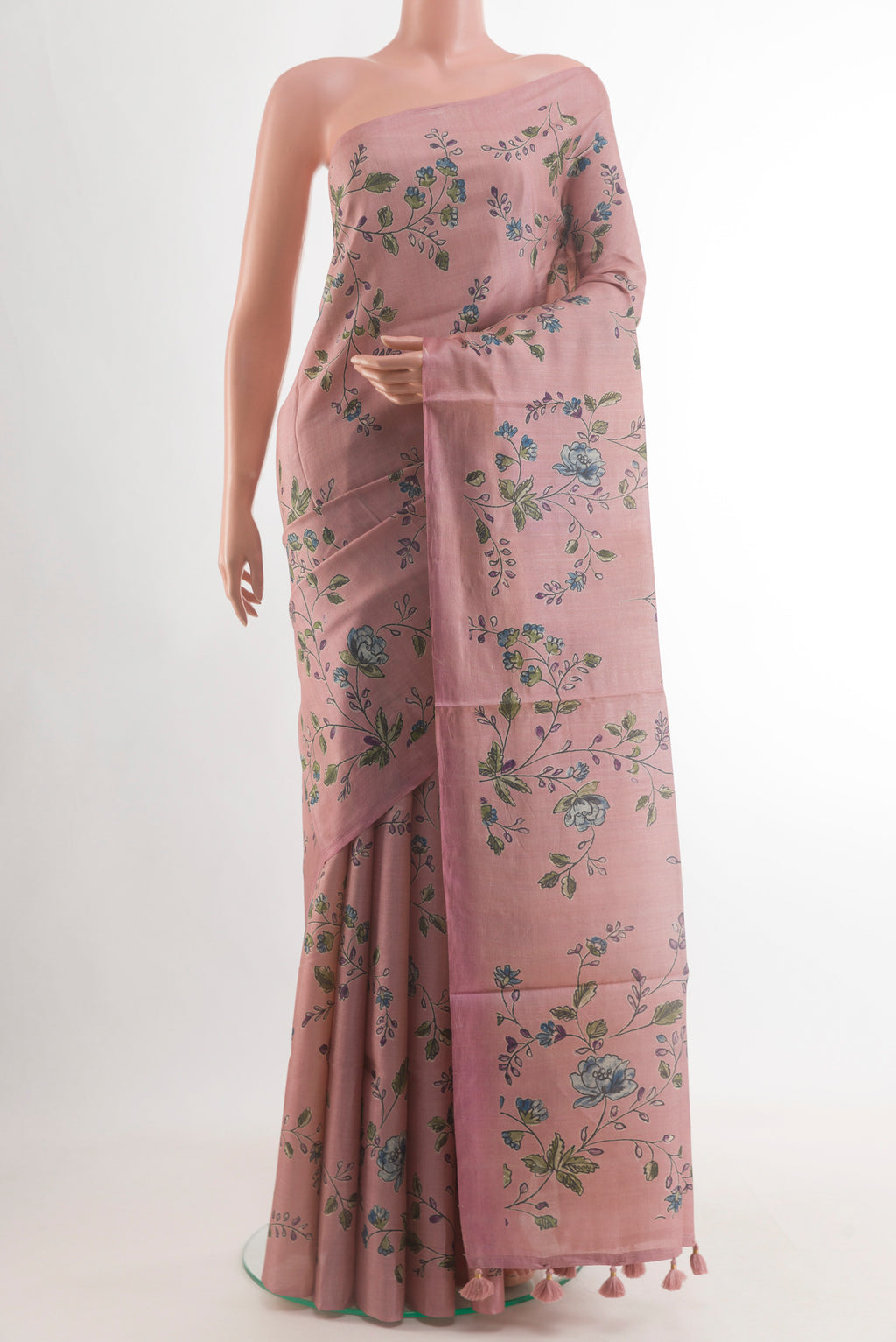 Pink Tussar Silk Saree with Printed design on the body and Plain Border.  displayed on a mannequin