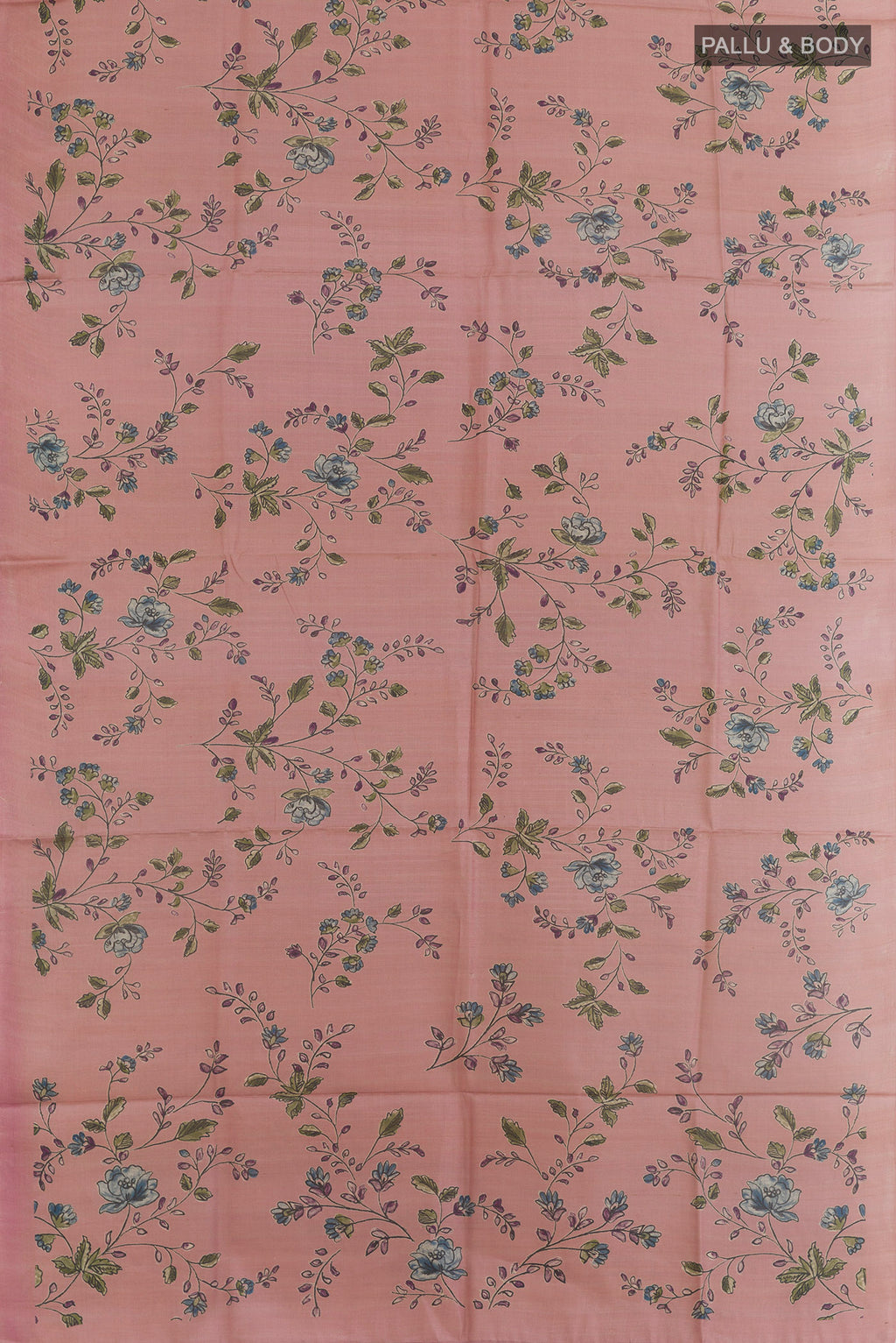 Flat view of Pink Tussar Silk Saree with Printed design on the body and Plain Border. 