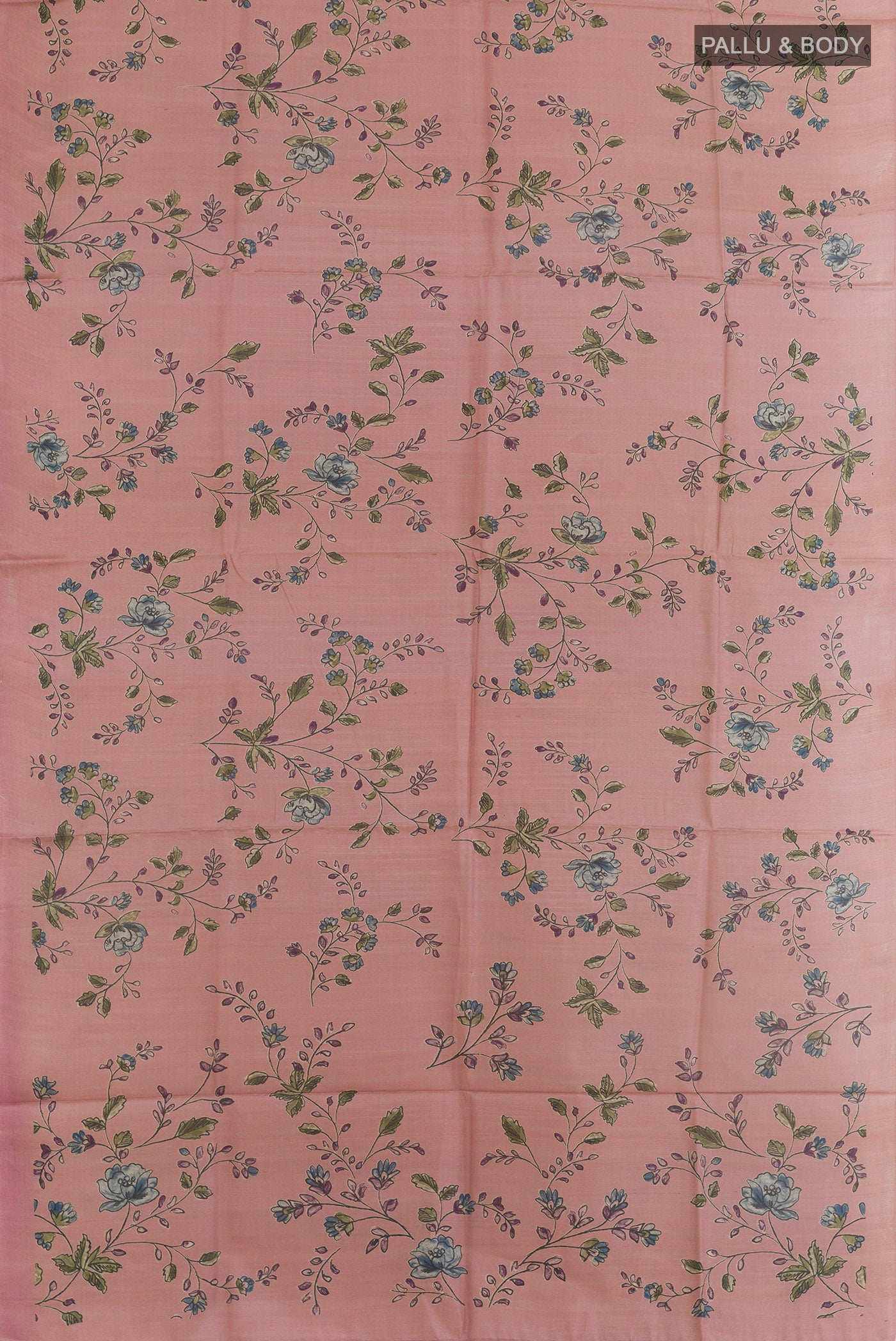 Flat view of Pink Tussar Silk Saree with Printed design on the body and Plain Border. 