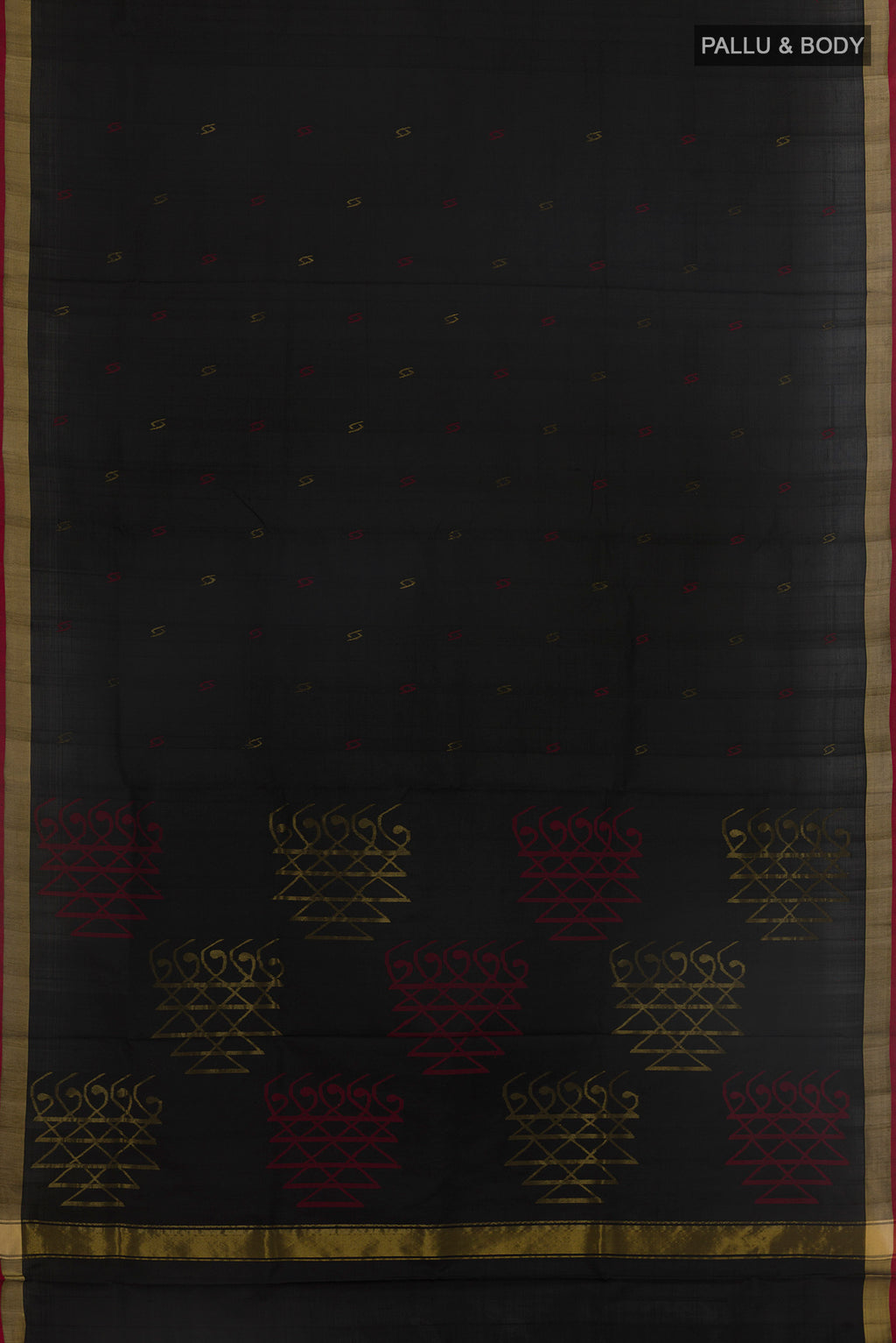 Flat view of Black Uppada Silk Saree with Zari Butta on the body and Zari Border. 