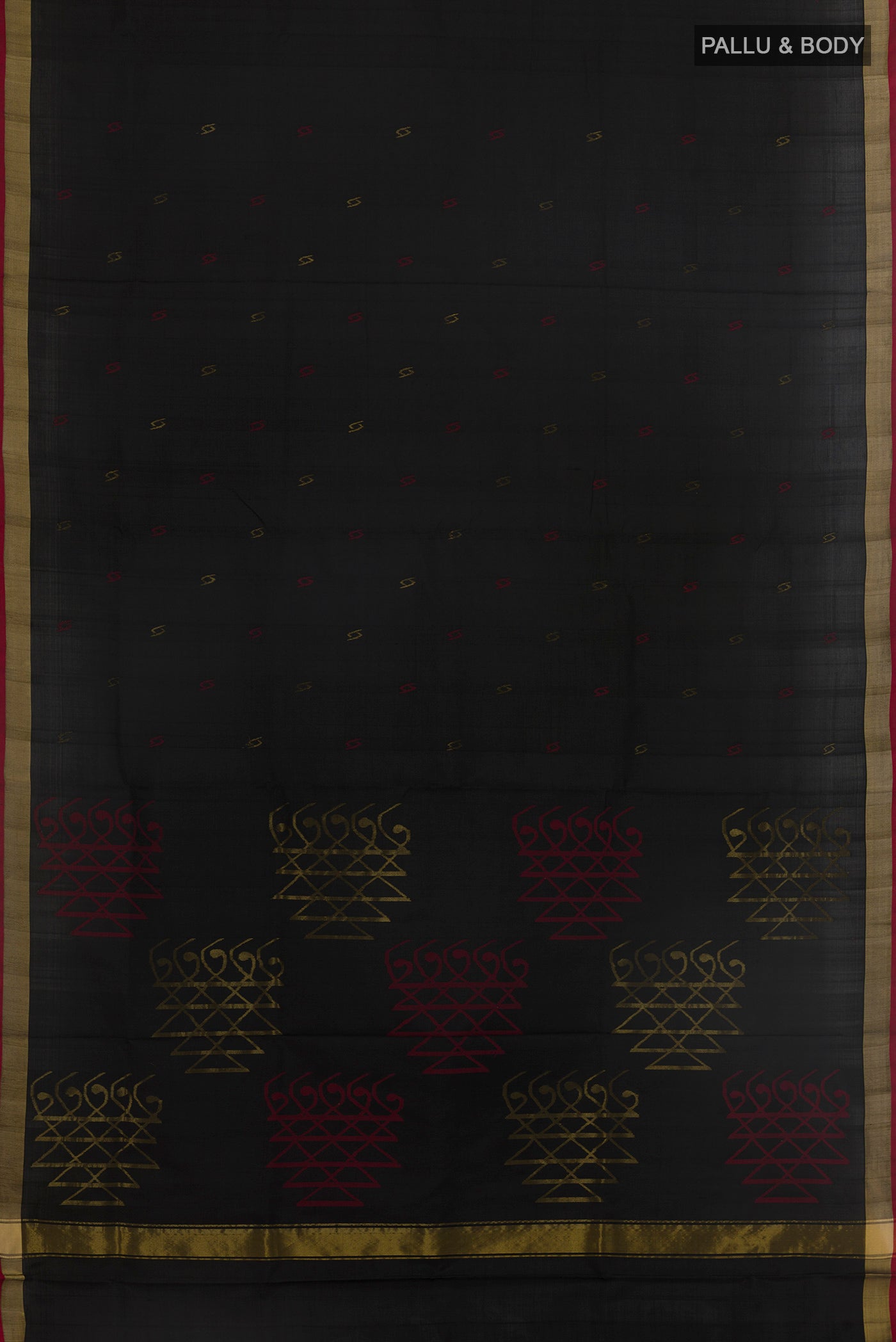 Flat view of Black Uppada Silk Saree with Zari Butta on the body and Zari Border. 