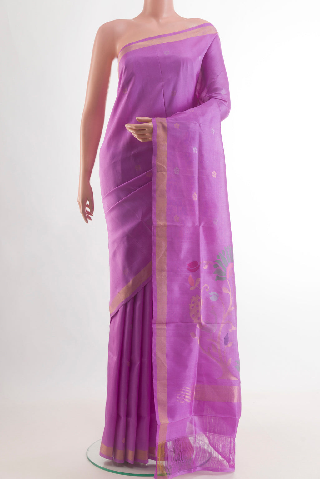 Lavender Uppada Silk Saree with Zari Butta on the body and Zari Border.  displayed on a mannequin