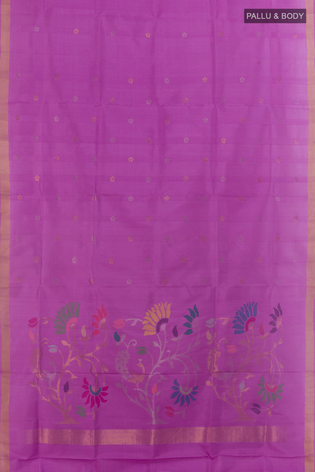 Flat view of Lavender Uppada Silk Saree with Zari Butta on the body and Zari Border. 