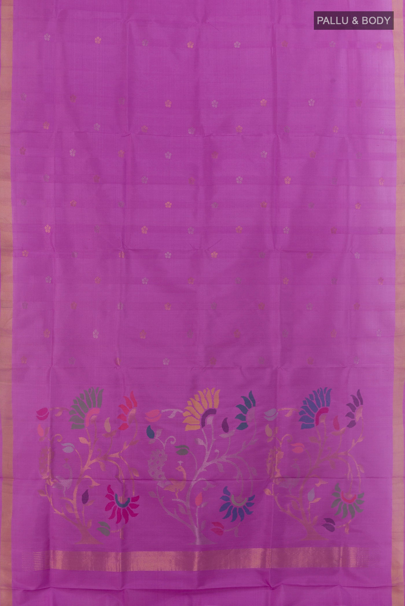 Flat view of Lavender Uppada Silk Saree with Zari Butta on the body and Zari Border. 