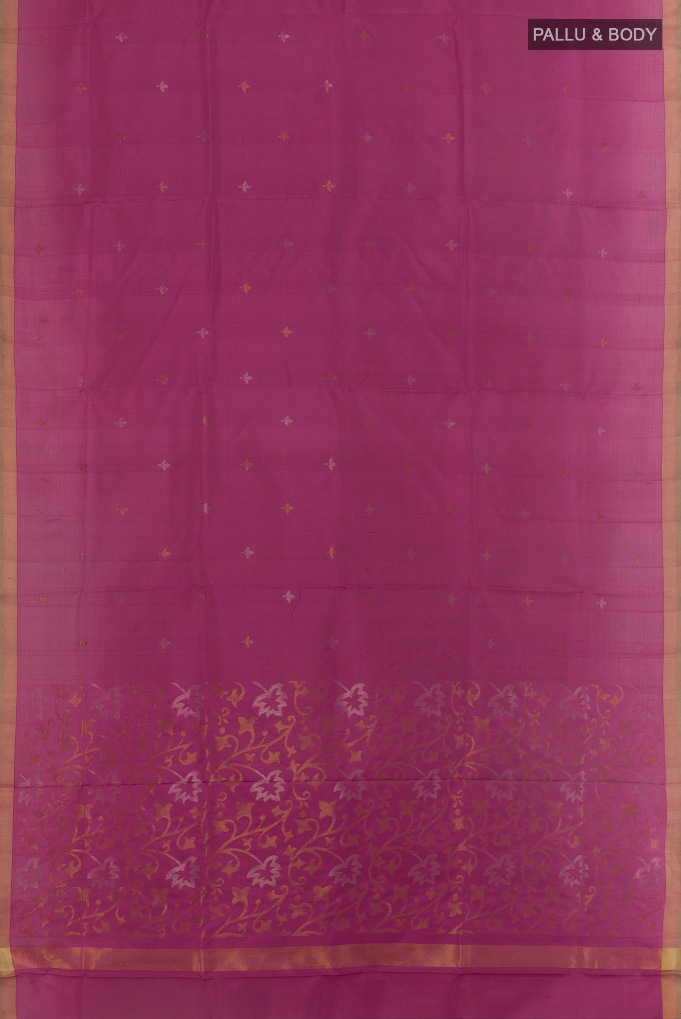Flat view of Pink Uppada Silk Saree with Zari Butta on the body and Zari Border. 