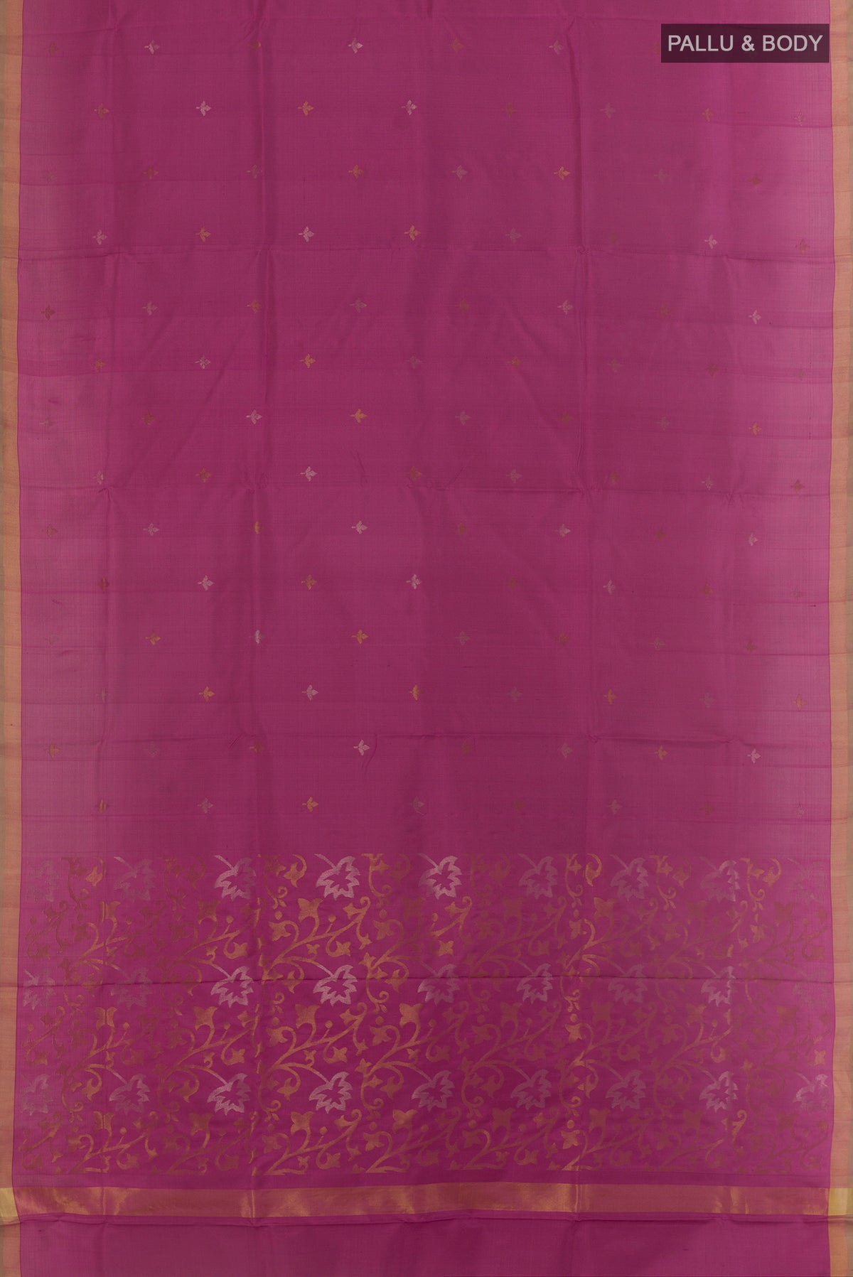 Flat view of Pink Uppada Silk Saree with Zari Butta on the body and Zari Border. 