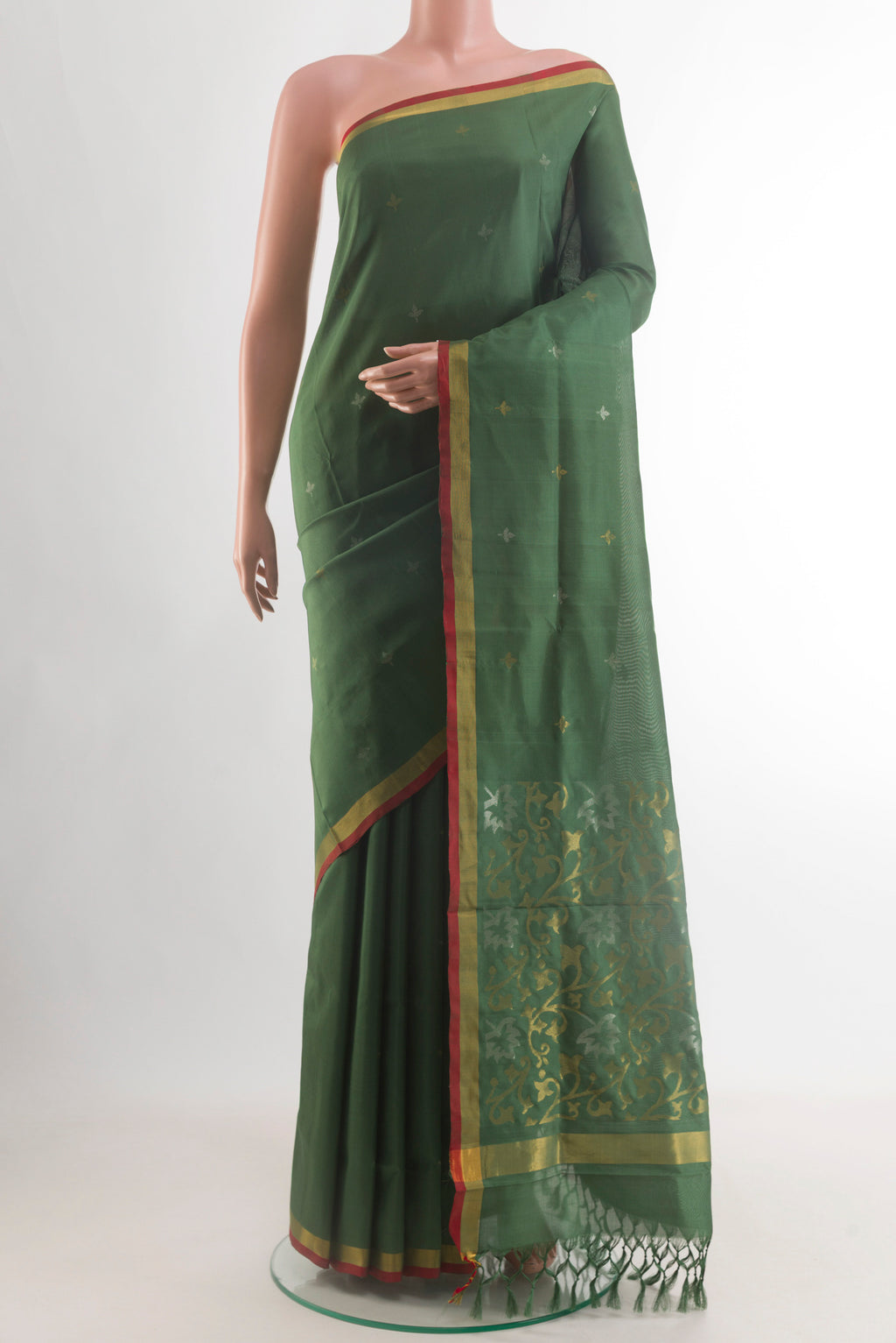 Olive Green Uppada Silk Saree with Zari Butta on the body and Zari Border.  displayed on a mannequin