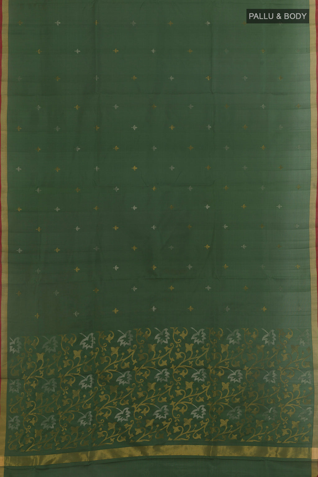 Flat view of Olive Green Uppada Silk Saree with Zari Butta on the body and Zari Border. 