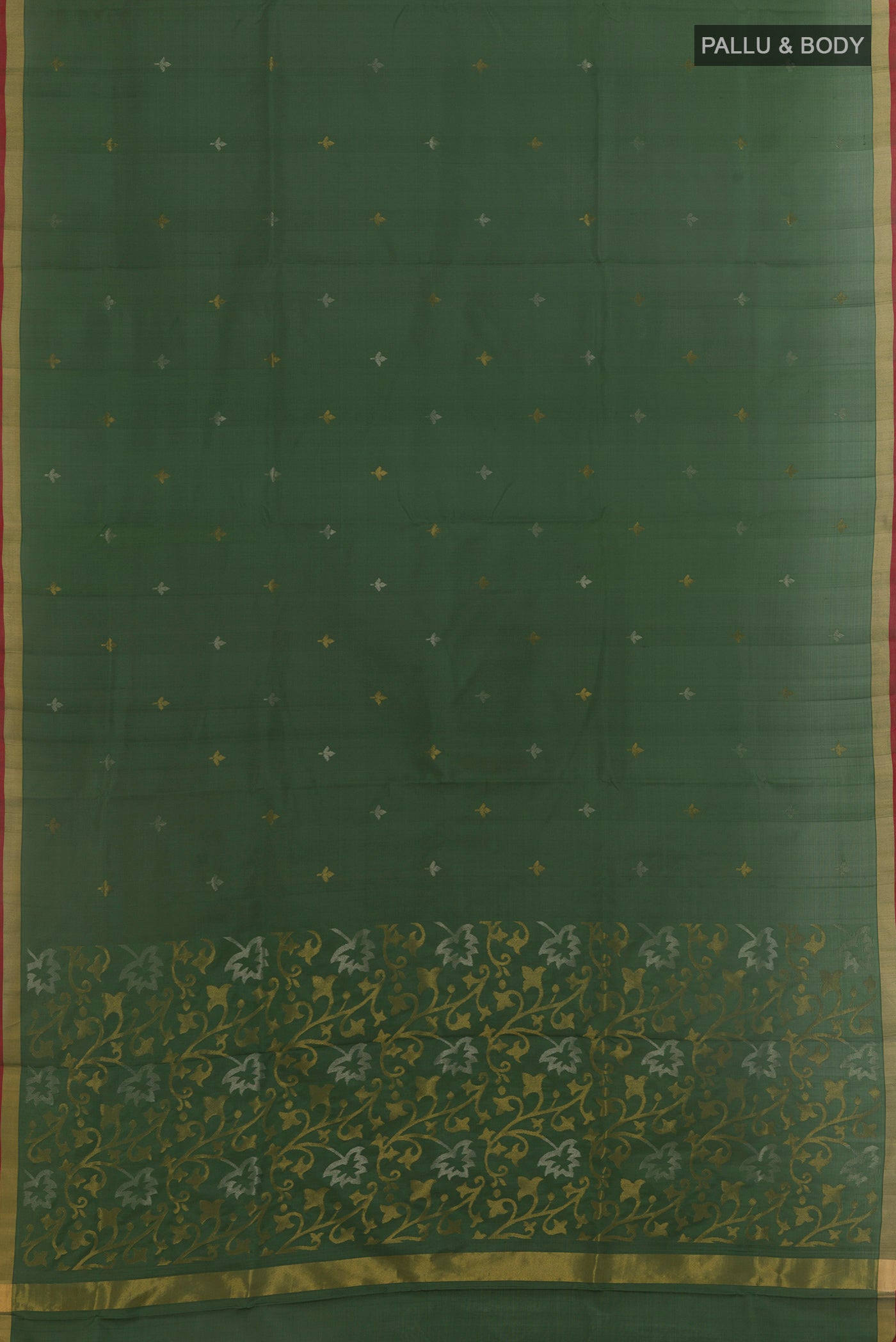 Flat view of Olive Green Uppada Silk Saree with Zari Butta on the body and Zari Border. 