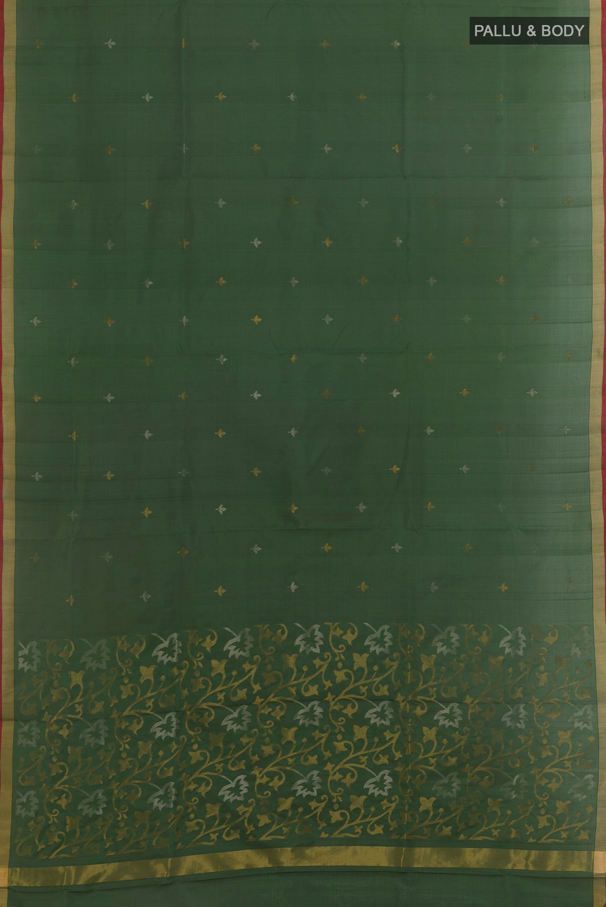 Flat view of Olive Green Uppada Silk Saree with Zari Butta on the body and Zari Border. 