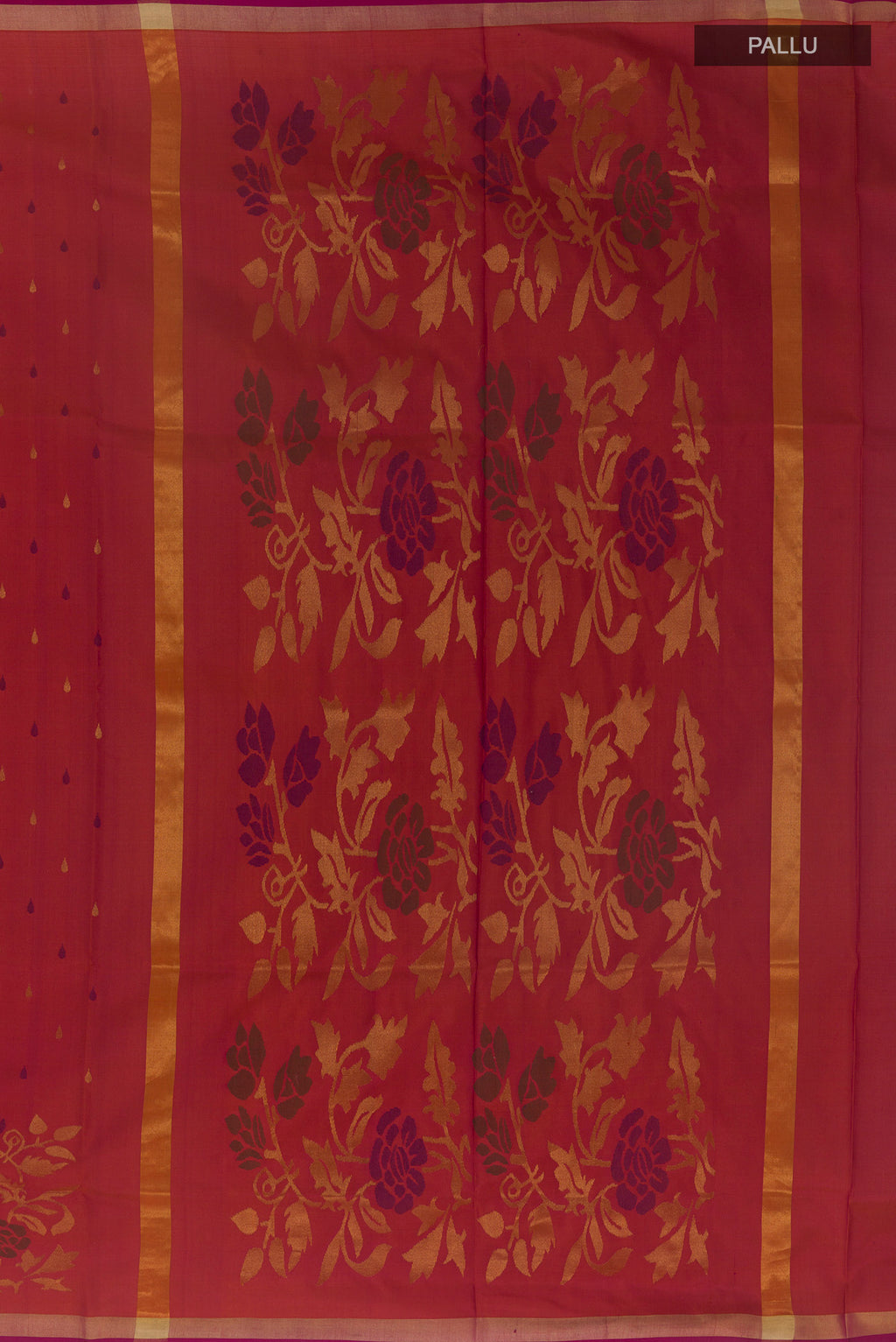 Close up image of the pallu of Pure Silk Pure Zari Pink with Orange Color Uppada Saree with Zari Butta on the body and Zari Border. 