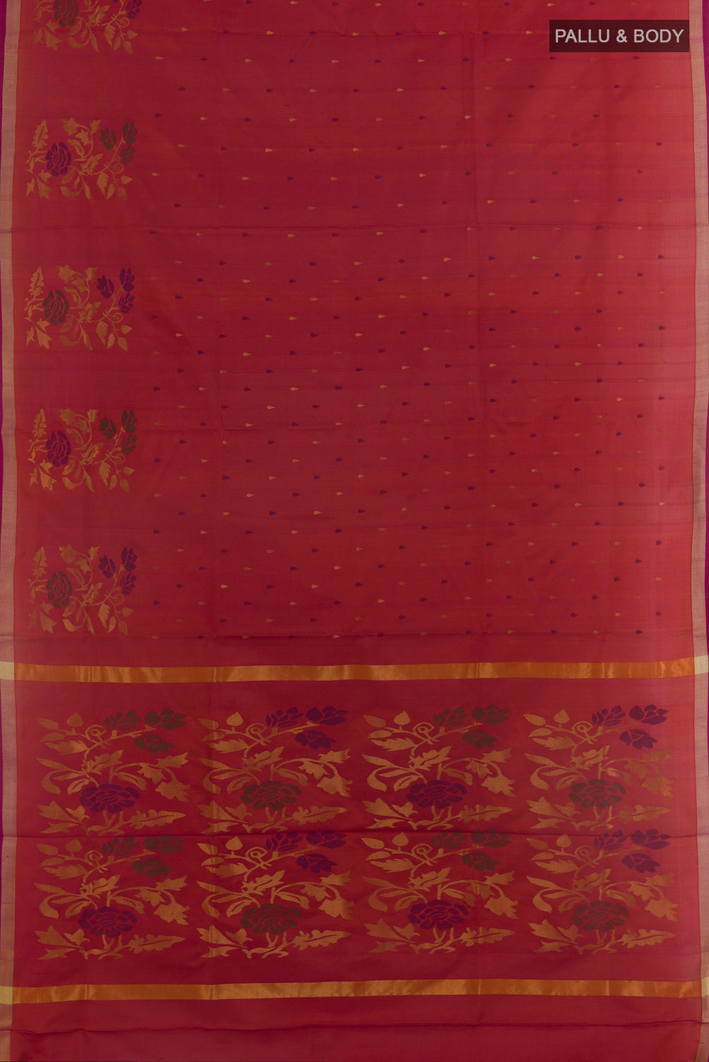 Flat view of Pure Silk Pure Zari Pink with Orange Color Uppada Saree with Zari Butta on the body and Zari Border. 