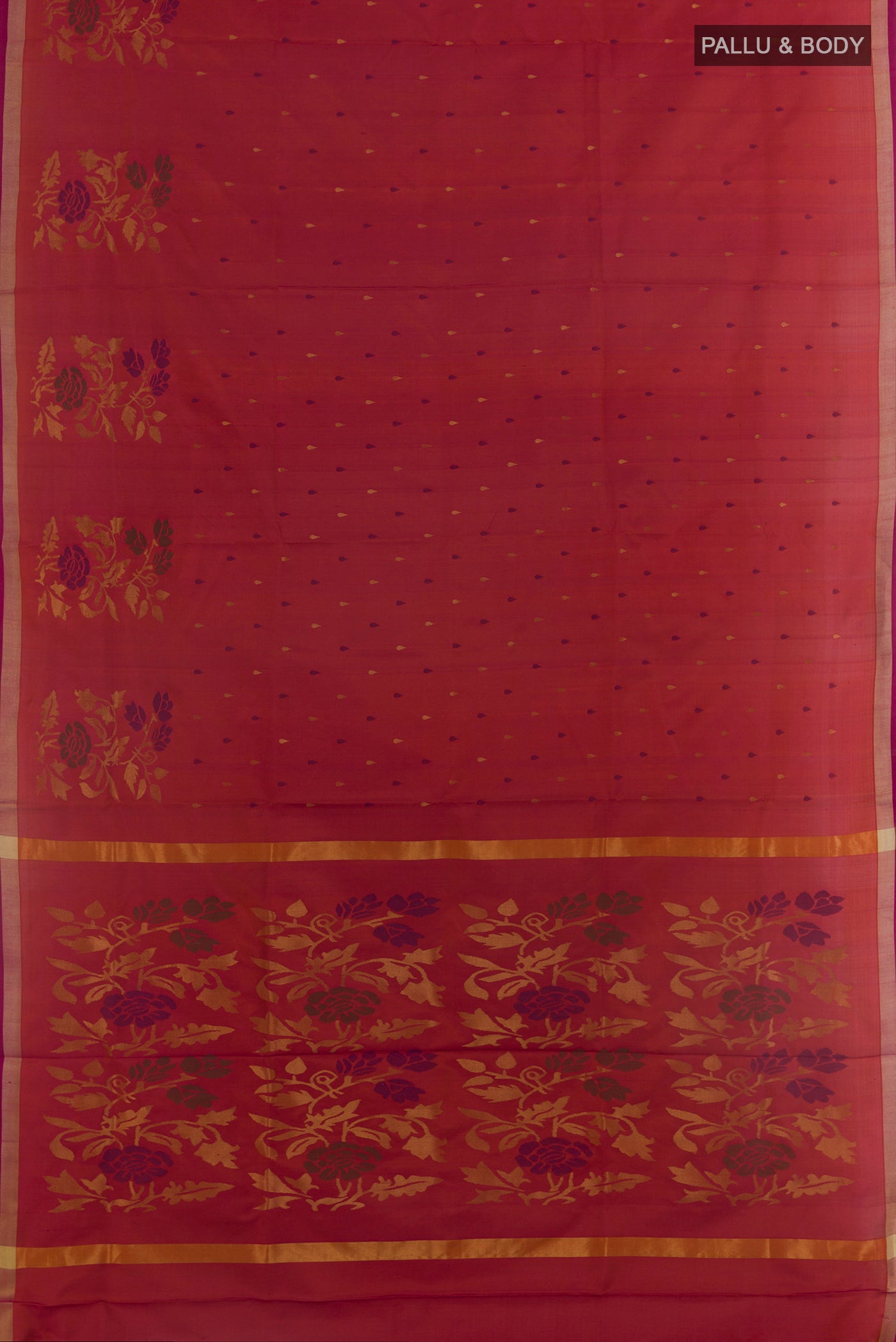 Flat view of Pure Silk Pure Zari Pink with Orange Color Uppada Saree with Zari Butta on the body and Zari Border. 