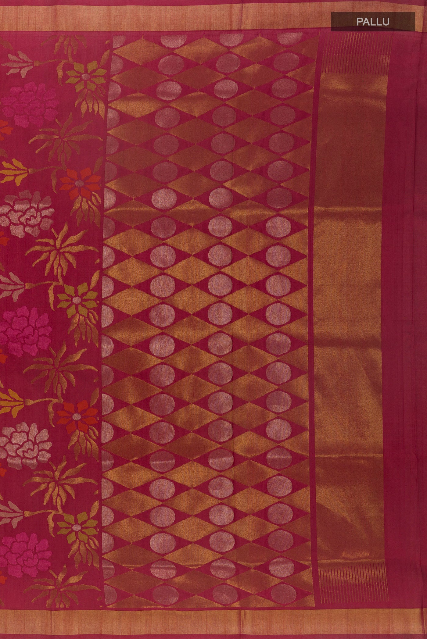 Close up image of the pallu of Pure Silk Pure Zari Maroon Uppada Saree with Zari Brocade on the body and Zari Border. 