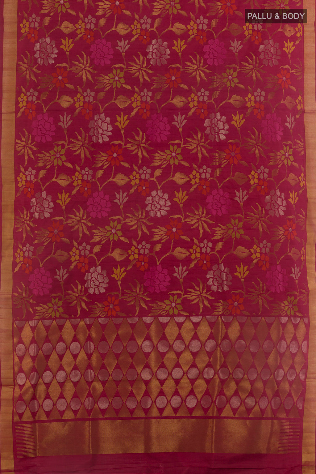 Flat view of Pure Silk Pure Zari Maroon Uppada Saree with Zari Brocade on the body and Zari Border. 