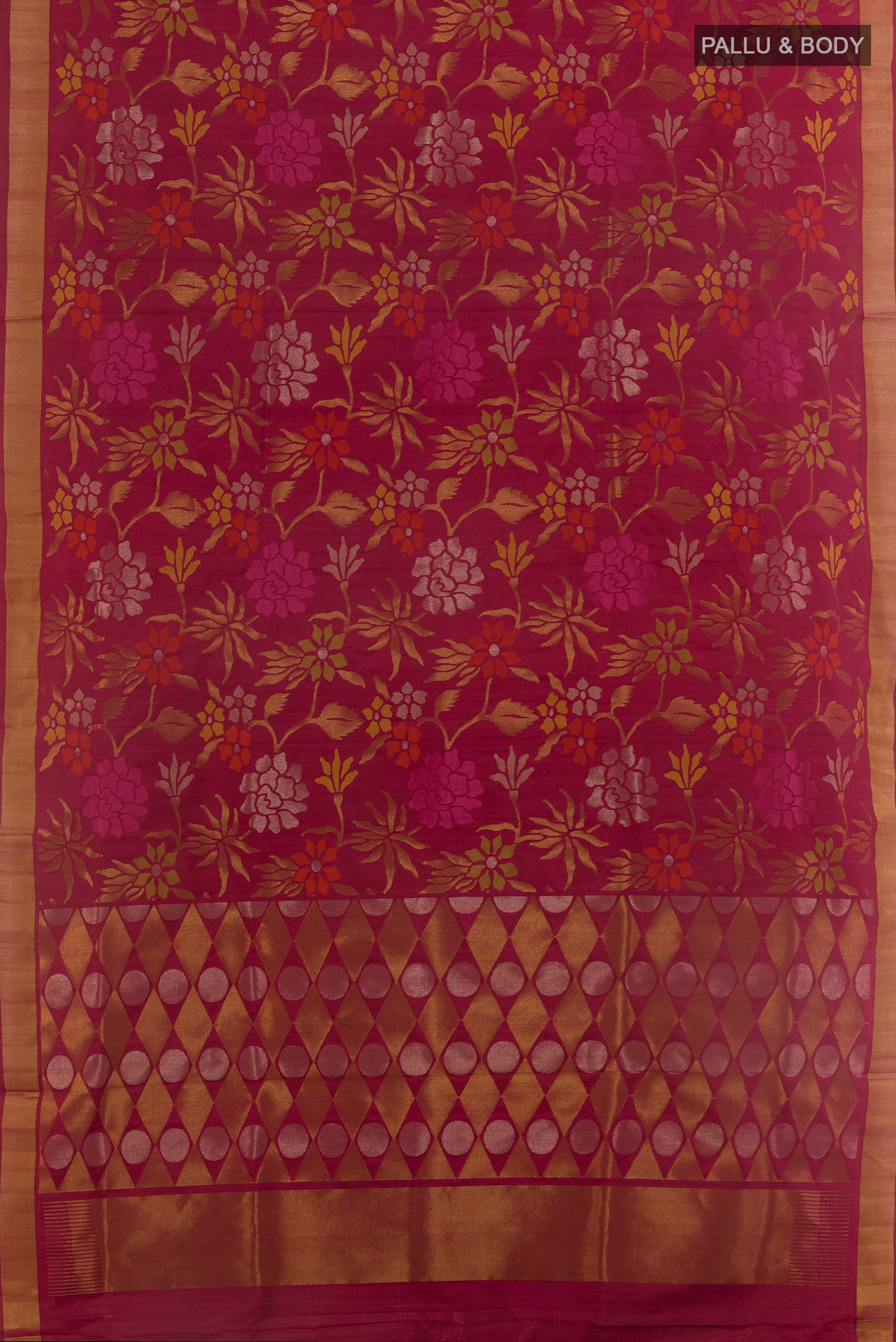 Flat view of Pure Silk Pure Zari Maroon Uppada Saree with Zari Brocade on the body and Zari Border. 
