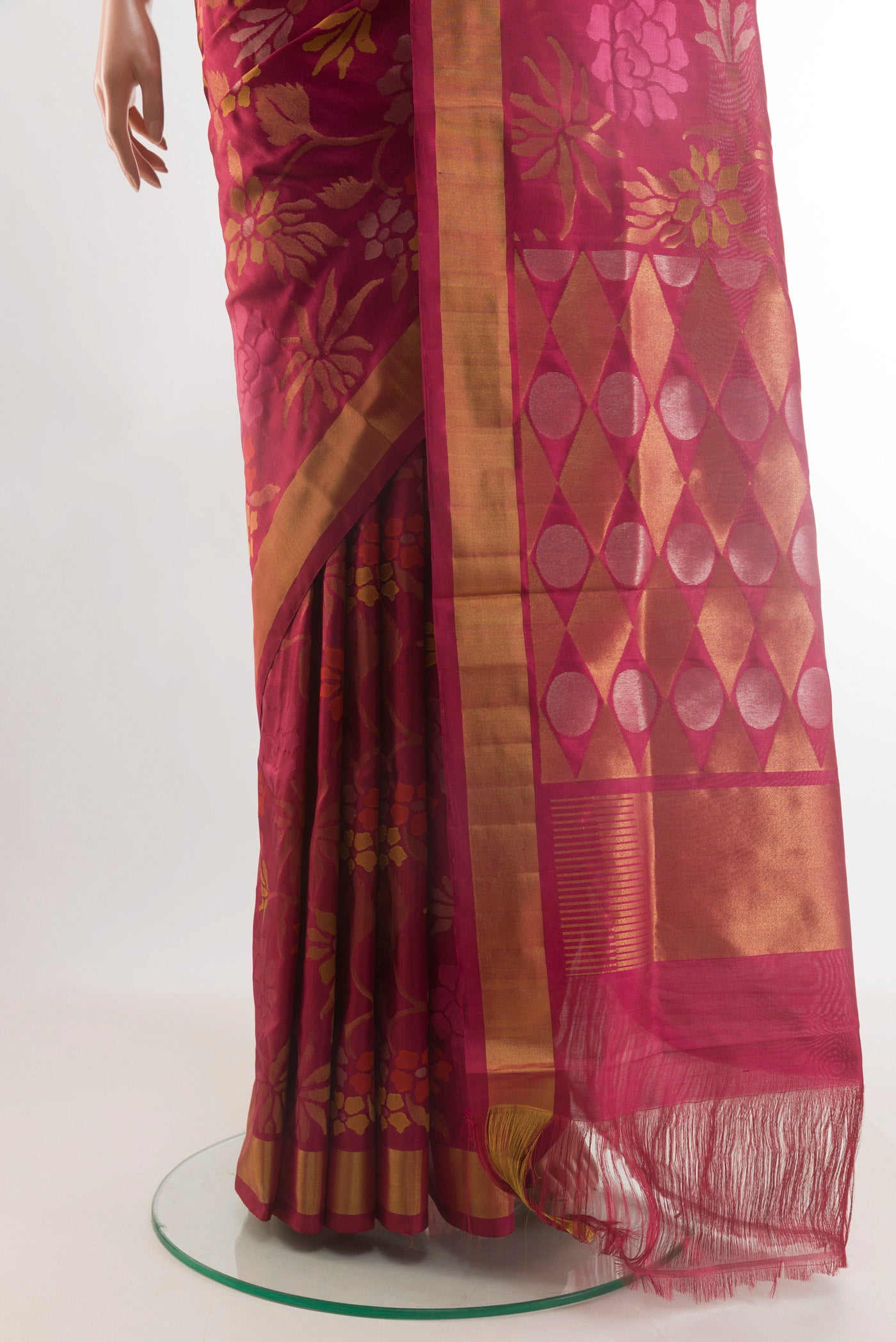 Pleats and pallu of Pure Silk Pure Zari Maroon Uppada Saree with Zari Brocade on the body and Zari Border. 