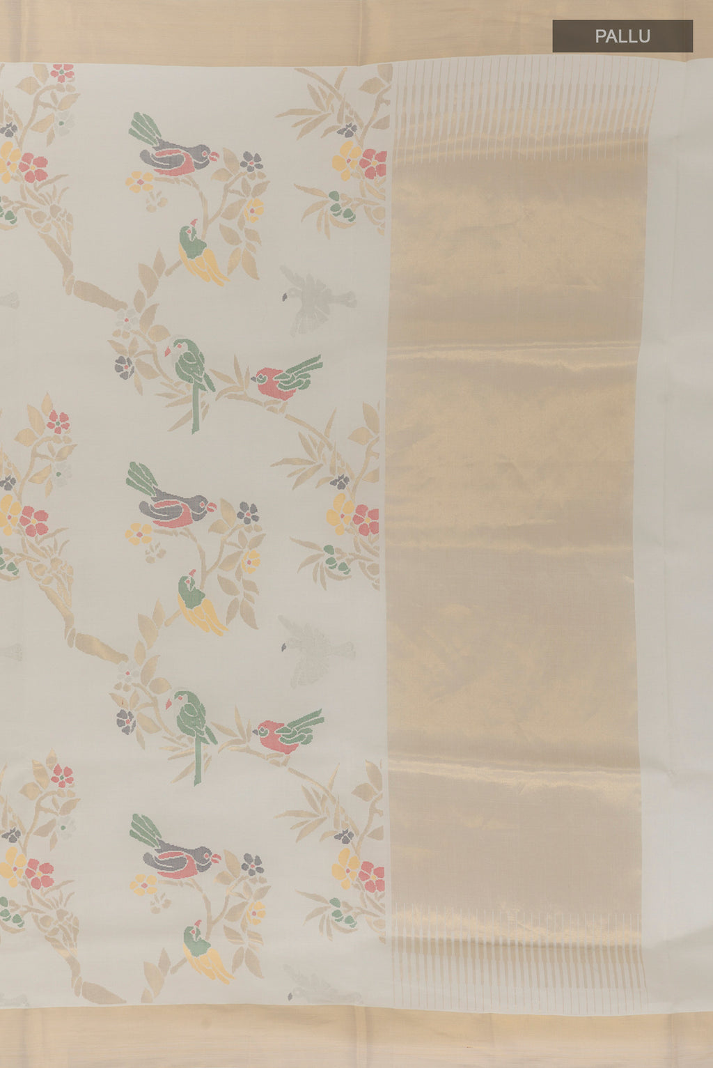 Close up image of the pallu of Pure Silk Pure Zari White Uppada Cotton Saree with Zari Butta on the body and Zari Border. 