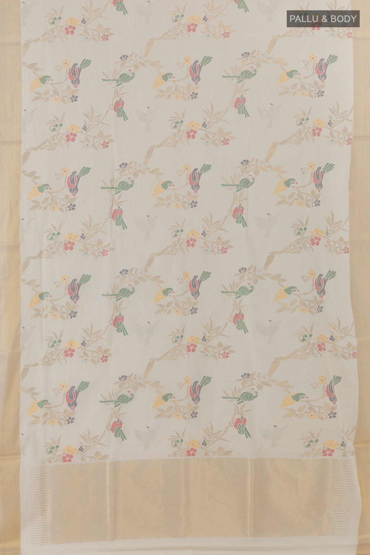 Flat view of Pure Silk Pure Zari White Uppada Cotton Saree with Zari Butta on the body and Zari Border. 